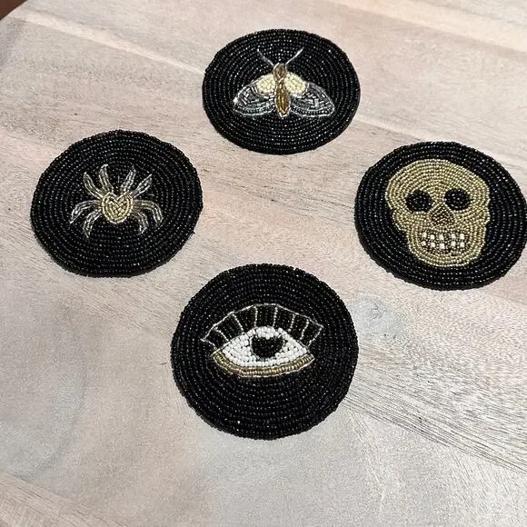Halloween Spell Hand Crafted Beaded Coasters Skeleton Spider Moth Evil Eye New - Picture 3 of 10